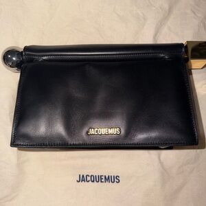 Jacquemus Black Leather Messenger Bag with Gold Accent